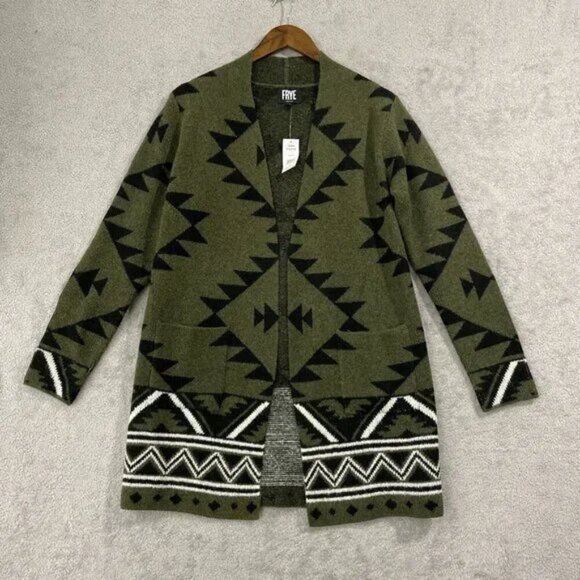 Nwt Frye Women's XS Green Aztec Pattern Open Front Long Cardigan - Picture 2 of 7